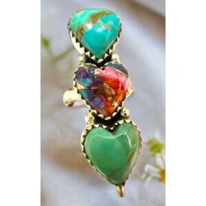 Kingman Turquoise & Pink Spiny Oyster Three Stone Ring Adjustable 925